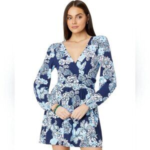 Lilly Pulitzer Riza Long-Sleeved Romper Low Tide Navy Bouquet Size XS